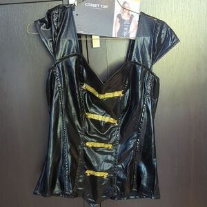 Women's Pirate Black Corset Top with Gold Accents,Hat, Choker - Size L 12-14 NWT